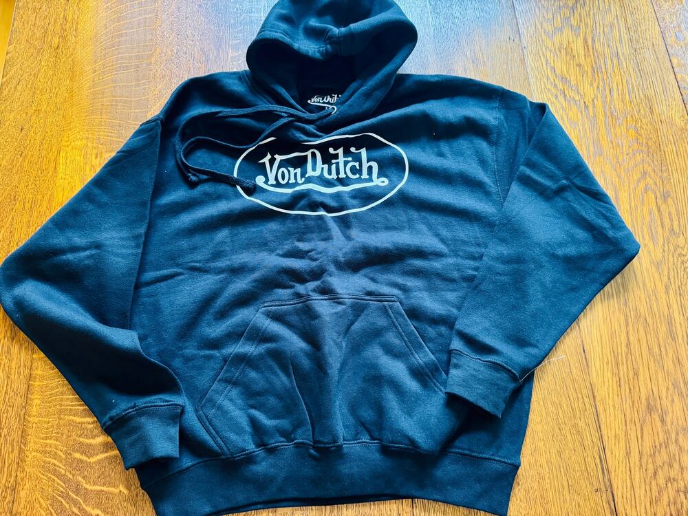 VON DUTCH Logo Hoodie Sweatshirt BLACK in LARGE